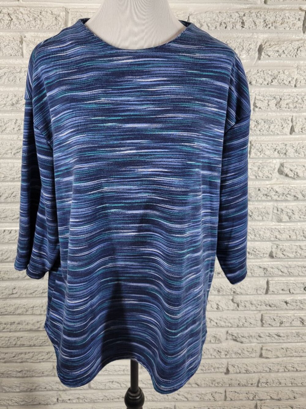 Lands End Serious Sweats Top Womens 2X Blue‎ Heather Stripe 3/4 Sleeve WAT88E